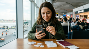 Yurt dışında telefon hattı kullanımı için telefonunu kontrol eden yolcu